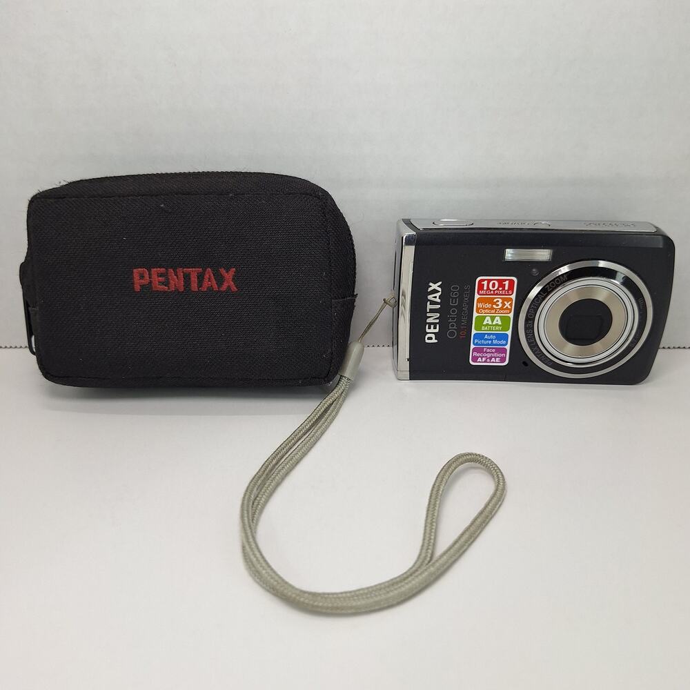 Pentax Optio E60 Compact Digital Camera Black 10.1 MP 3x Optical Zoom With Case